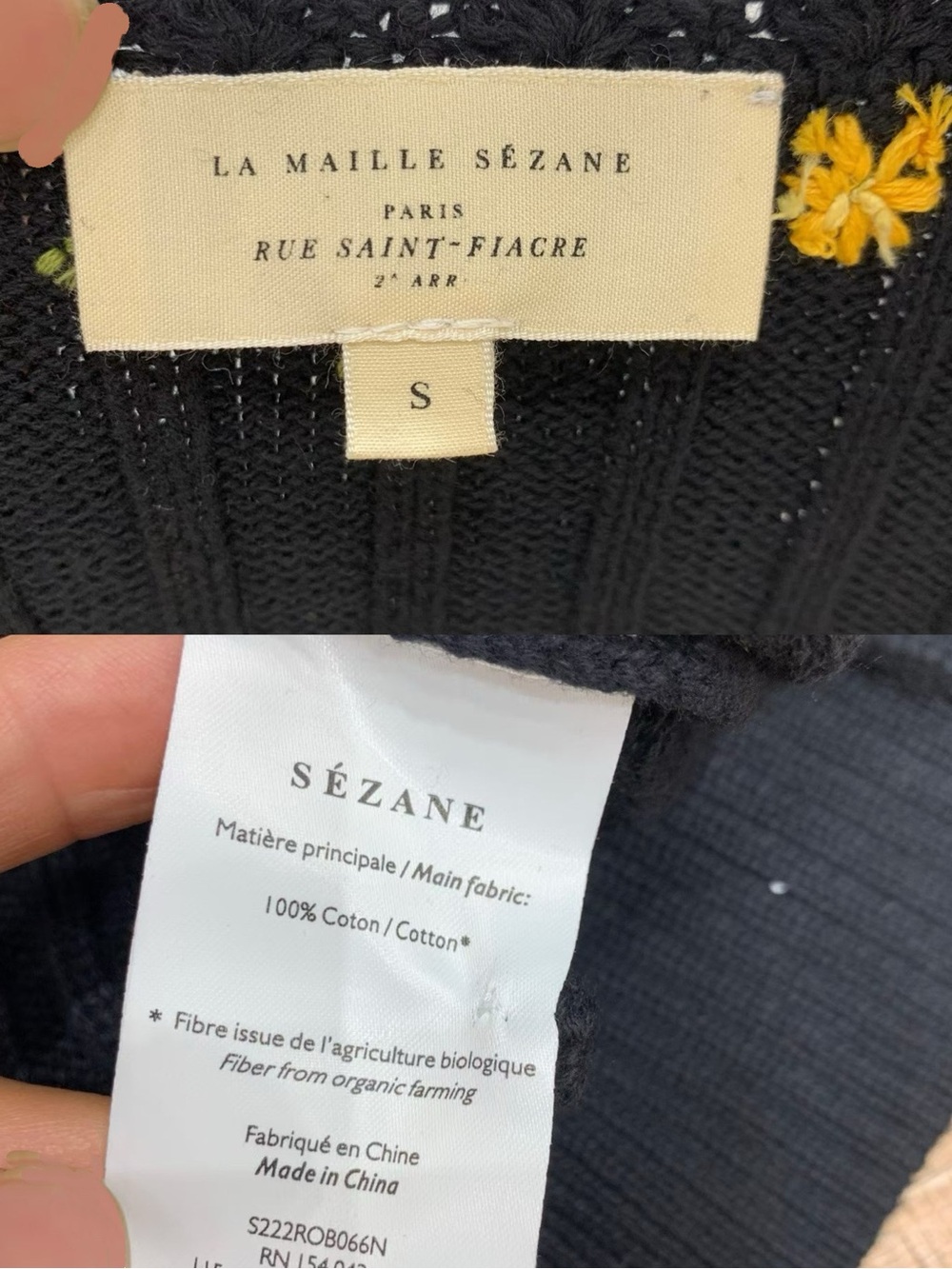 SEZANE Black Floral Embroidered Short Sleeve Ribbed Knit Iliana Cardigan, S M L - Picture 8 of 9